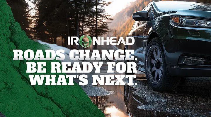Ironhead all-season SUV tire banner for spring changeover, vehicle on wet road with melting snow