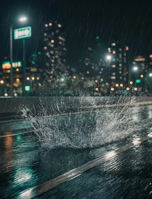 Calle urbana mojada por la noche, con espectaculares salpicaduras de lluvia y reflejos en el asfalto